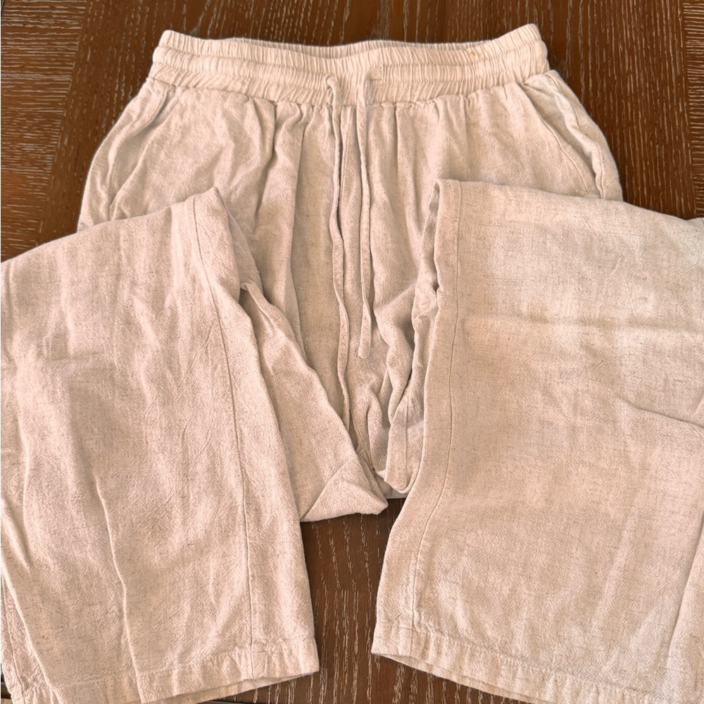 Beige Linen Drawstring Pocketed Pants 27x29